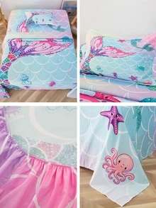 3 Cái/bộ Bộ Ga Gối Họa Tiết Đuôi Cá & Cá Ngựa, Bộ Ga Giường Vải Ngộ Nghĩnh Cho Gia Đình - Nhiều màu - Xem 3