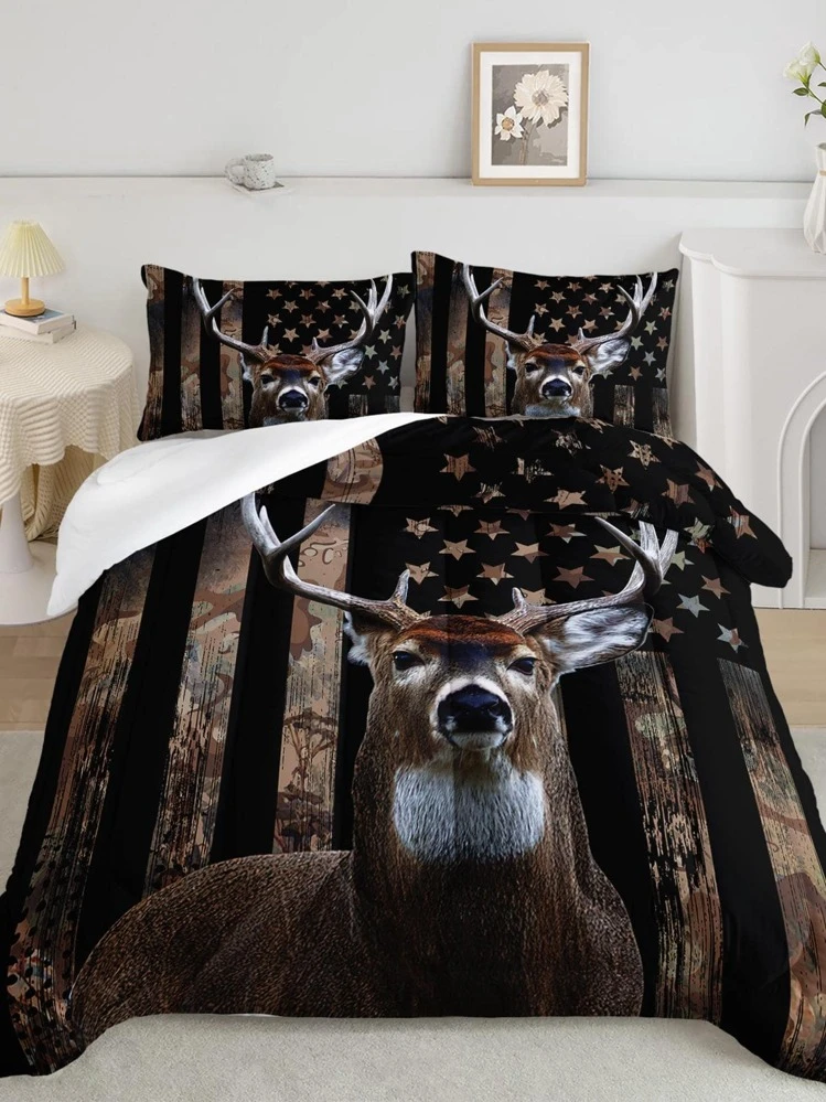 Wild Forest Deer Comforter,Animals Bedding Set American Flag 