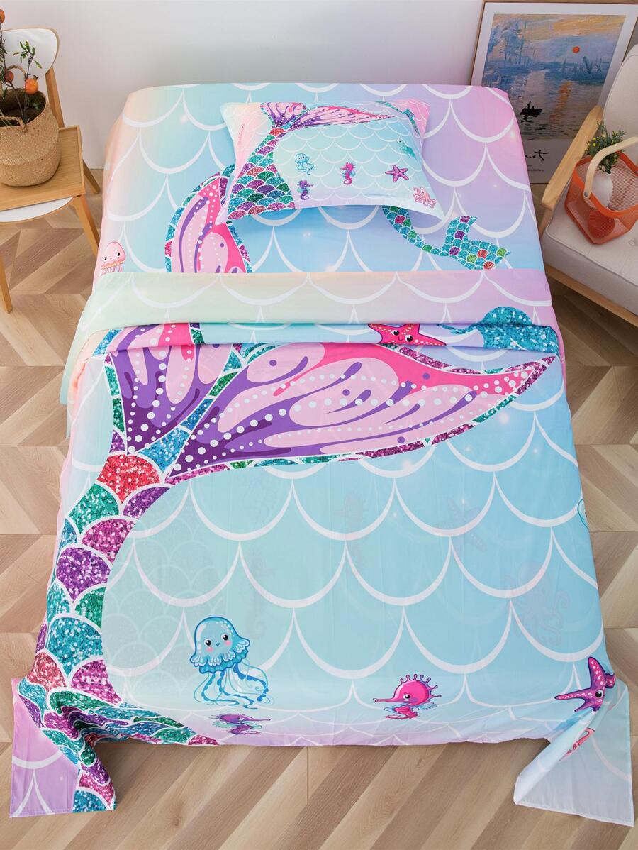 3 Cái/bộ Bộ Ga Gối Họa Tiết Đuôi Cá & Cá Ngựa, Bộ Ga Giường Vải Ngộ Nghĩnh Cho Gia Đình - Nhiều màu - Xem 1