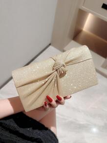 Moonlit EveBag 迎月晚會包-迷人，優雅，精緻，安靜的奢侈亮片，時尚，奢華，閃亮的小方包裝飾蝴蝶結閃粉，適用於派對晚宴，派對女孩，女人，新娘完美適用於派對，婚禮，舞會，晚宴/宴會 - 金色 - 查看 2