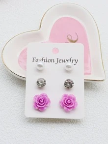 3對人造珍珠和水鑽和花卉裝飾耳釘鑲嵌花朵水鑽珍珠耳釘 - 中紫紅色 - 查看 2