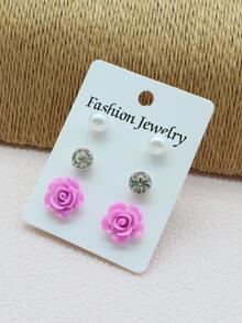 3對人造珍珠和水鑽和花卉裝飾耳釘鑲嵌花朵水鑽珍珠耳釘 - 中紫紅色 - 查看 4