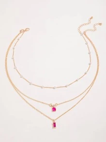 imoli 2入組/套時尚水鑽人造珍珠裝飾項鍊適合女士日常裝飾 - 玫紅色 - 查看 7