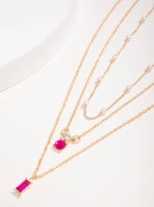 imoli 2入組/套時尚水鑽人造珍珠裝飾項鍊適合女士日常裝飾 - 玫紅色 - 查看 4