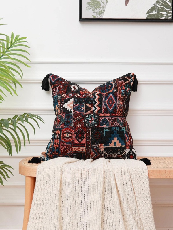 1 Peça Capa De Almofada Boêmia Preta Com Borlas E Pompons, Almofada De Decoração De Sofá Estilo Turco, Jacquard De Cor De Neve