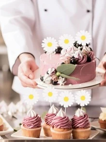 5pcs Daisy Cake Toppers - Perfect For Birthday Parties & Dessert Table Decorations, Versatile Paper Flower Decorations For Birthdays, Weddings & Bridal Showers - White - View 4