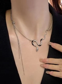 蛇裝飾鏈條樣式項鍊 - 銀色 - 查看 3