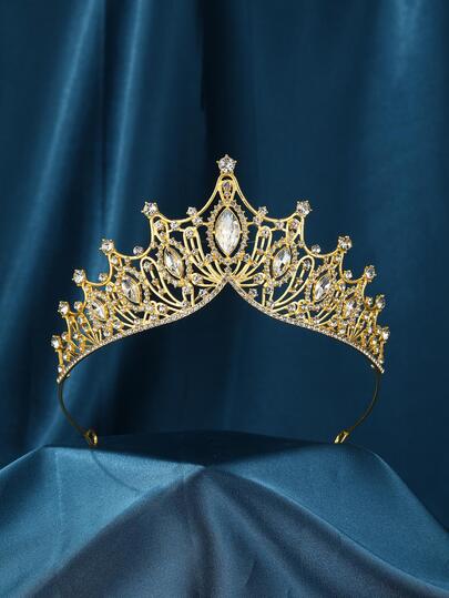 38cm Baroque Style Gold Diamond Crown, Suitable For Brides, Fashionable And Elegant