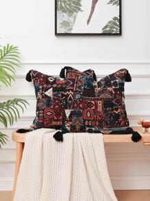 1 Peça Capa De Almofada Boêmia Preta Com Borlas E Pompons, Almofada De Decoração De Sofá Estilo Turco, Jacquard De Cor De Neve