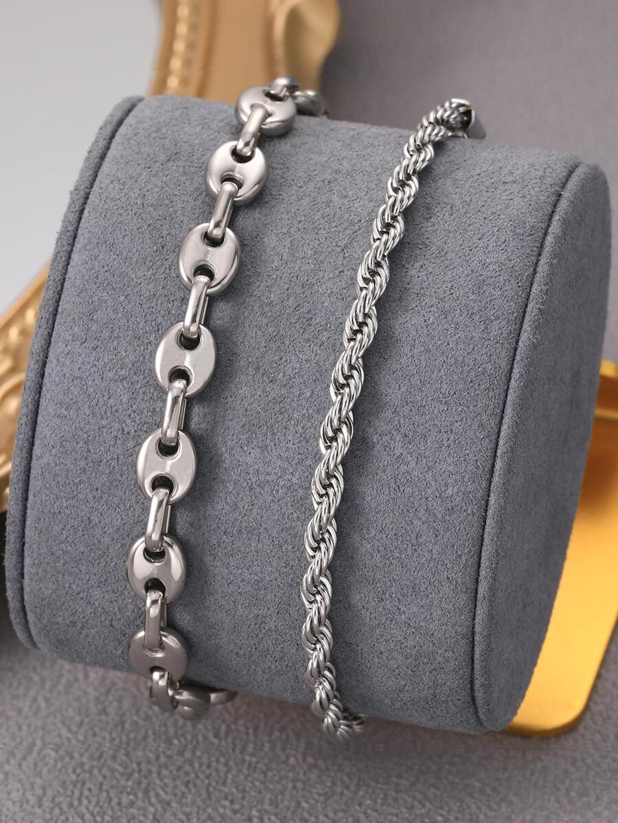 2 cái/bộ Vòng tay chuỗi thời trang dành cho nam để trang trí hàng ngày để có vẻ ngoài sành điệu - Bạc - Xem 1