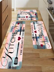 1pc Tableware & Slogan Graphic Anti-slip Kitchen Rug - Beige - View 1