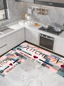 1pc Tableware & Slogan Graphic Anti-slip Kitchen Rug - Beige - View 2