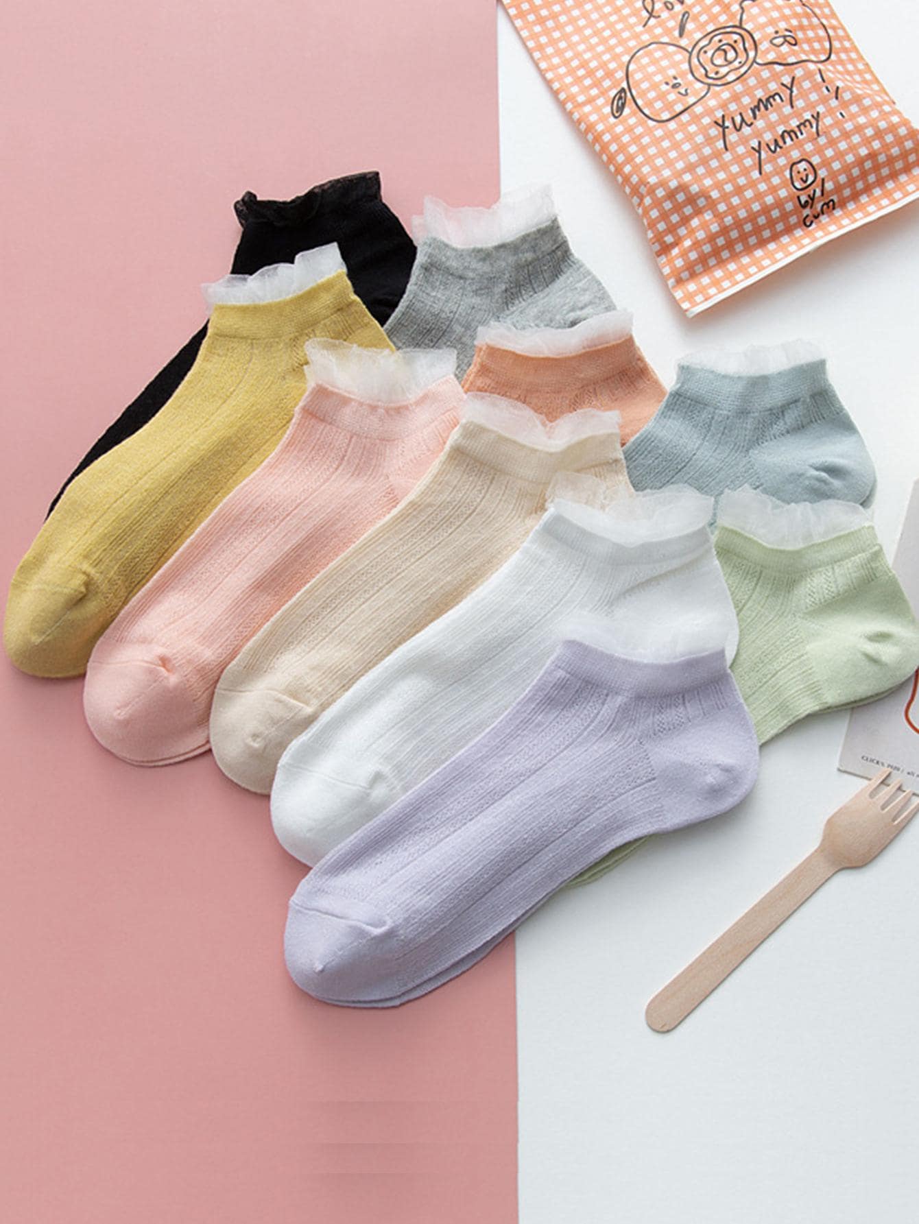 10pairs Contrast Mesh Ankle Socks - Multicolor - View 1