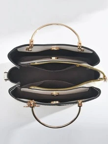 Túi Satchel trang trí chữ cái hai tông màu có túi quyến rũ - Màu vàng - Xem 4