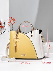 Túi Satchel trang trí chữ cái hai tông màu có túi quyến rũ - Màu vàng - Xem 6