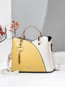 Túi Satchel trang trí chữ cái hai tông màu có túi quyến rũ - Màu vàng - Xem 5