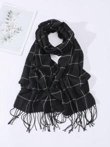 Men Plaid Pattern Fringe Trim Scarf - Black - View 1