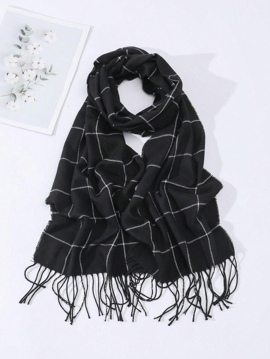 Men Plaid Pattern Fringe Trim Scarf - Black - View 1