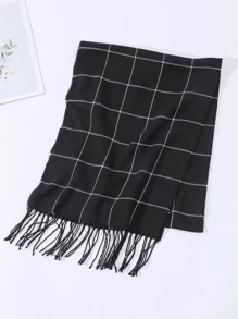 Men Plaid Pattern Fringe Trim Scarf - Black - View 2