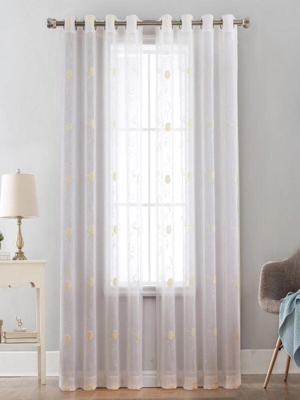 Floral Embroidered Sheer Curtains 52 Inch Wide Semi Sheer Voile Grommet