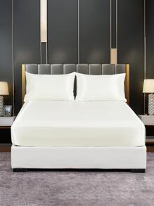 3入組素色床笠套裝帶枕套不附帶緞面柔軟的白色床單套裝適用於臥室 - 白色 - 查看 1