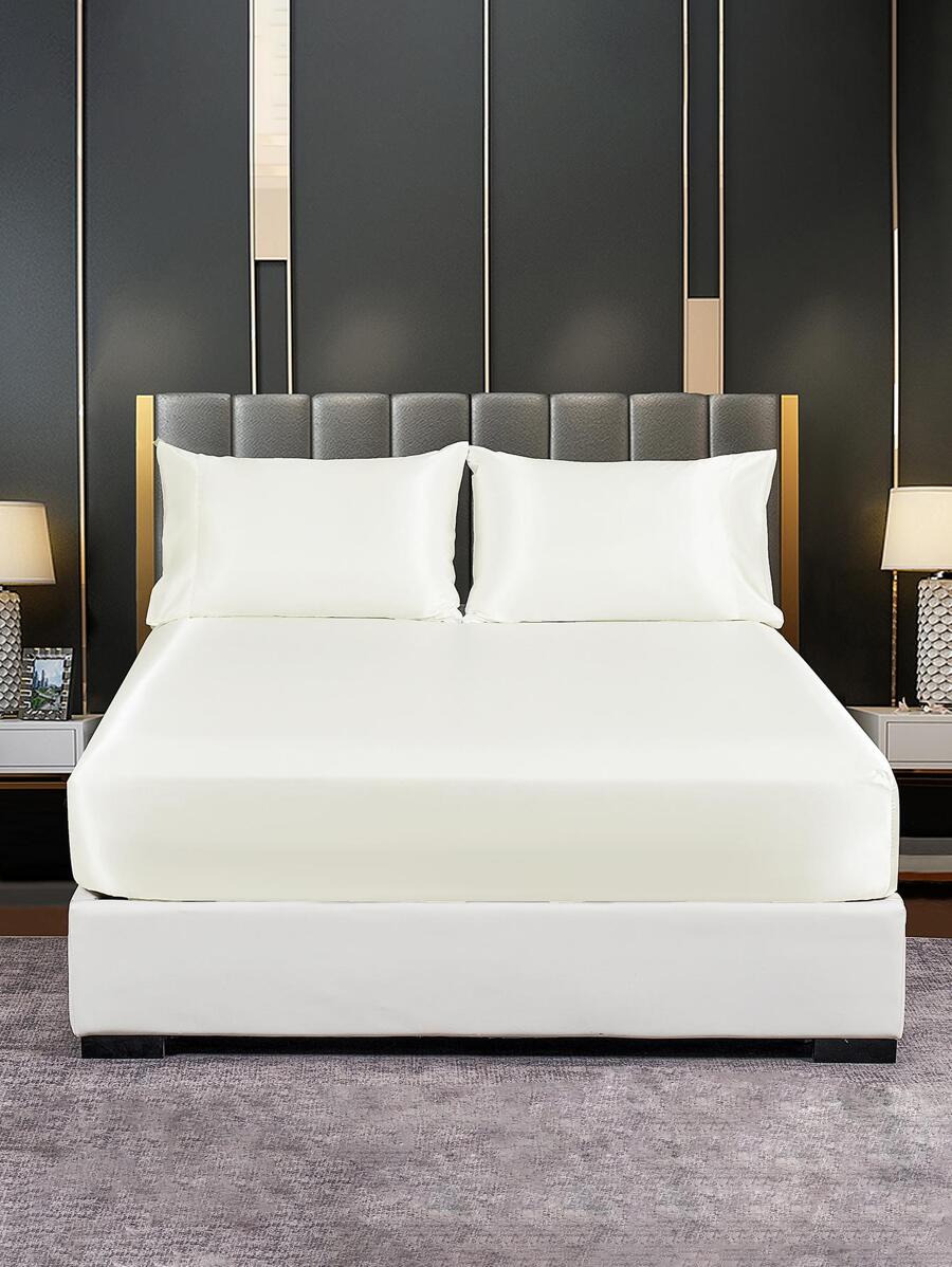 3入組素色床笠套裝帶枕套不附帶緞面柔軟的白色床單套裝適用於臥室 - 白色 - 查看 1