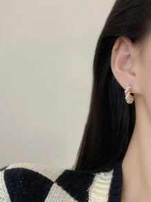 Aretes Decorados Con Perla Sintética - Amarillo Oro - Ver 4