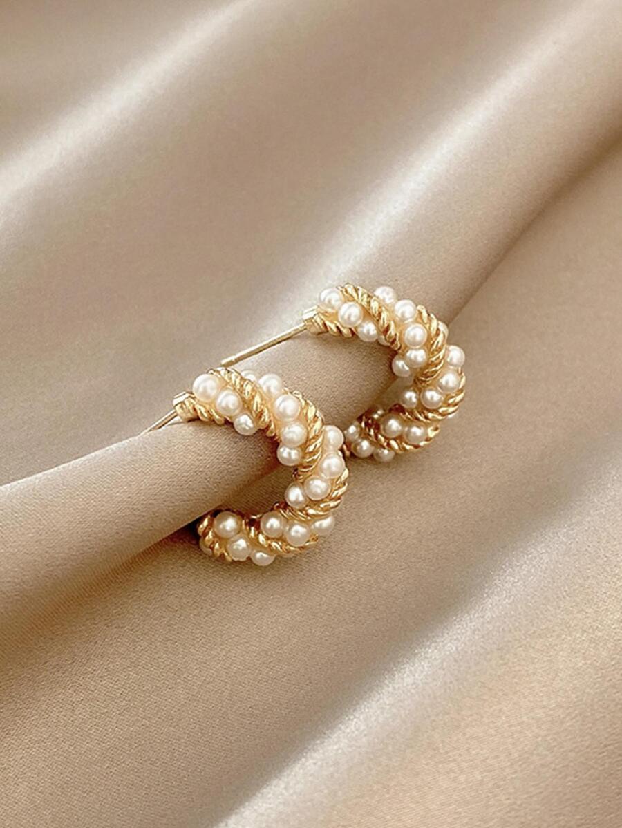 Aretes Decorados Con Perla Sintética - Amarillo Oro - Ver 1