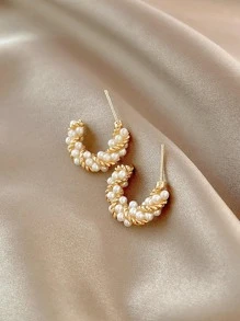 Aretes Decorados Con Perla Sintética - Amarillo Oro - Ver 3