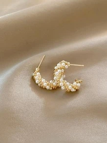 Aretes Decorados Con Perla Sintética - Amarillo Oro - Ver 2