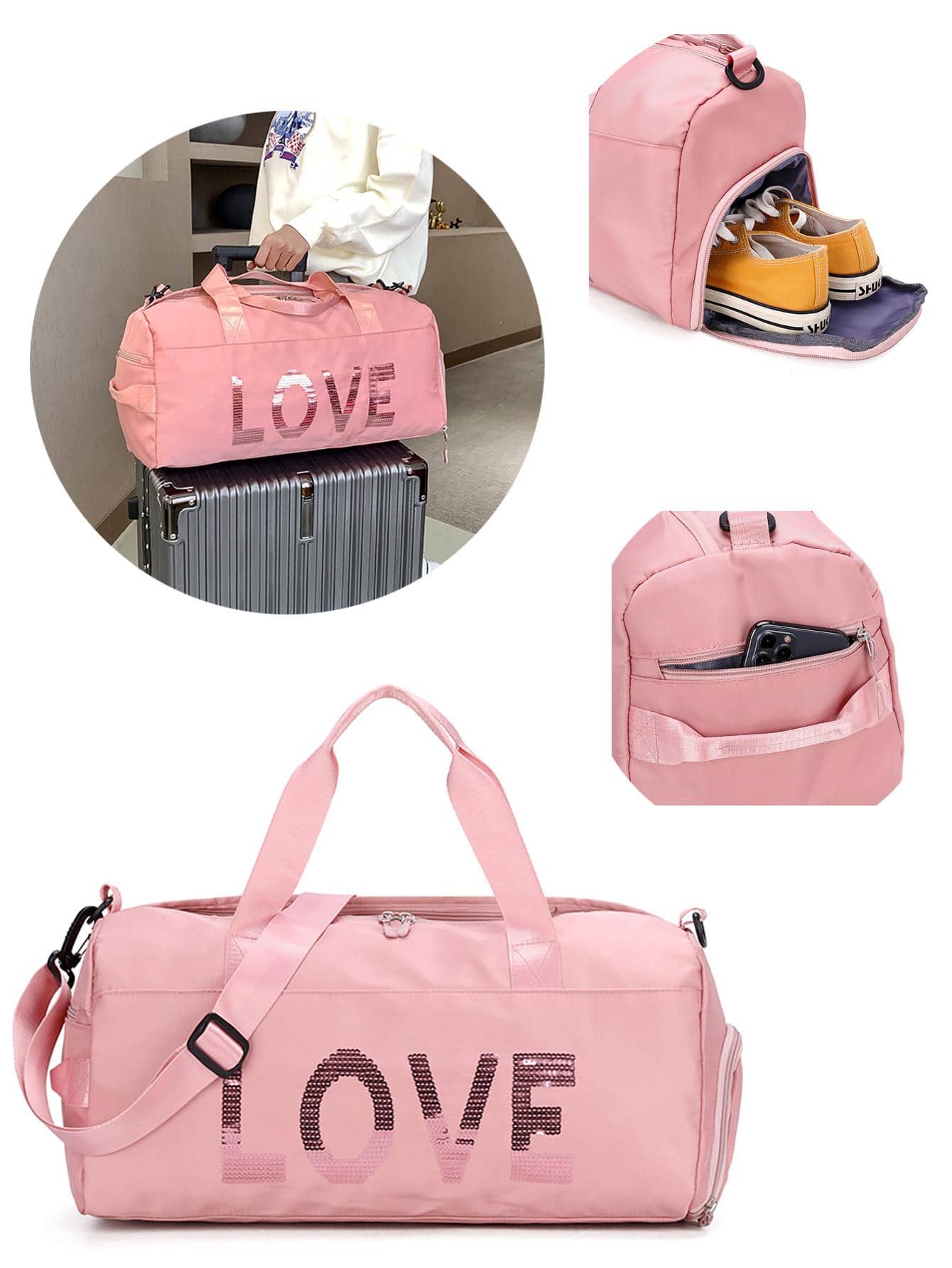 Nylon Carry-on Luggage Travel Bag, Letter Print Tote Duffle Bag - Pink - View 1
