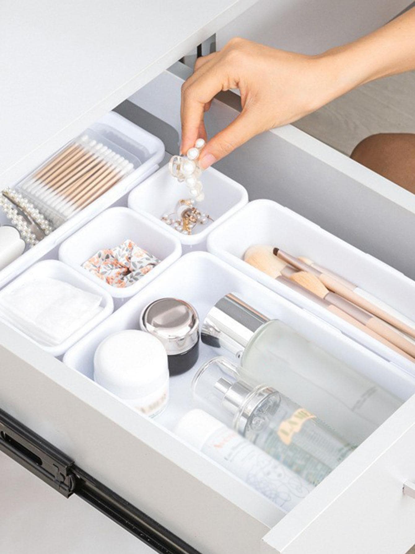 8pcs Separated Makeup Organizer Box For Cosmetics, Brushes, Perfumes, Lipsticks, Rings, Earrings, Necklaces & Jewelry - White - View 1