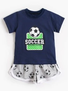 男嬰足球和字母圖案T恤和短褲 - 藏蓝色 - 查看 3