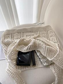 Women's Crocheted Tote Bag, Hollow Solid Color, Vacation Style For Going Out Shopping. , Crochet - Beige - View 4