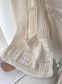 Women's Crocheted Tote Bag, Hollow Solid Color, Vacation Style For Going Out Shopping. , Crochet - Beige - View 6