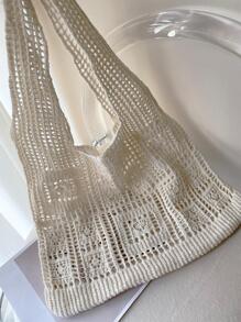 Women's Crocheted Tote Bag, Hollow Solid Color, Vacation Style For Going Out Shopping. , Crochet - Beige - View 7