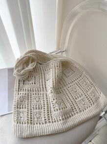 Women's Crocheted Tote Bag, Hollow Solid Color, Vacation Style For Going Out Shopping. , Crochet - Beige - View 2
