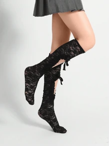 Floral Lace Cut Out Over The Calf Socks - Black - View 3