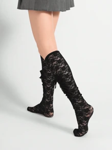 Floral Lace Cut Out Over The Calf Socks - Black - View 4