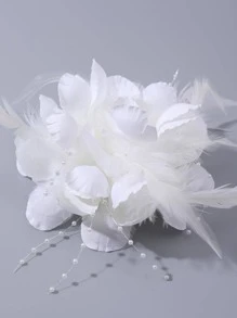 花和羽毛裝飾髮夾 - 白色 - 查看 1