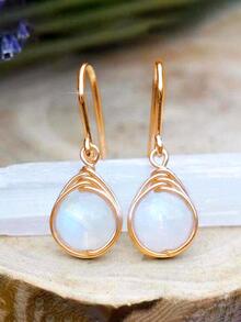Moonstone Decor Drop Earrings - Yellow Gold - View 2