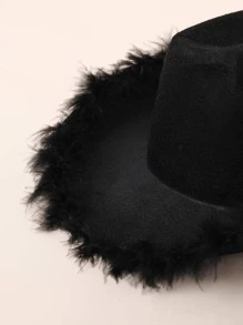 1pc Unisex Ladies' Western Cowboy Hat With Fluffy Decor, Perfect For Party Time - Black - View 3