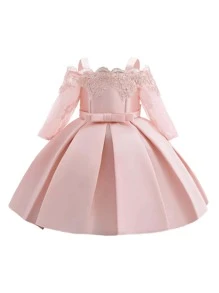 Elegant Satin Lace Waist Bow Decor Dress For Young Girls, Suitable For Birthday Party, Does Not Include Headband