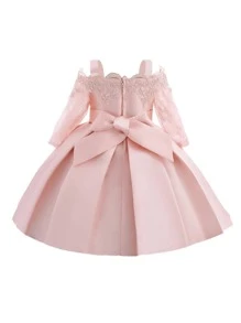 Elegant Satin Lace Waist Bow Decor Dress For Young Girls, Suitable For Birthday Party, Does Not Include Headband