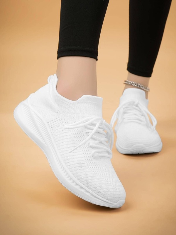 1pair Sporty Lightweight Women Sneakers, Lace Up Knit Detail Fabric Breathable Jogging Athletic Shoes