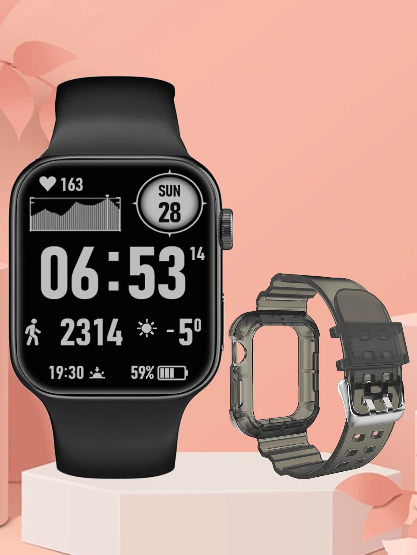 1pc Black TPU Strap Sporty Heart Rate Monitoring Sleep Tracking Calorie Counter Pedometer Square Dial Smart Watch, Compatible With iOS & Android - Multicolor - View 1