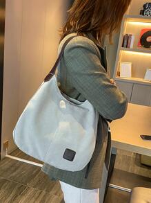 3層拉鍊帆布包，時尚拉鍊手提包，休閒中號單肩包 - 米色 - 查看 3