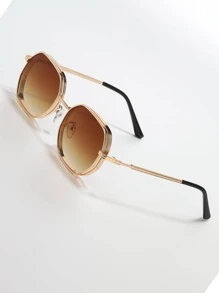 1pc Summer Men & Women Metal-Texture Fashion Glasses, Outdoor Indoor Fashion Street Geometric Polygon Glasses, Black/Gold/Silver/Brown, Stylish Cool Eyewear Suitable For All Seasons, Thick Frame With Ventilation Holes Design - 金色 - 查看 2