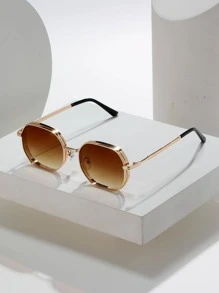 1pc Summer Men & Women Metal-Texture Fashion Glasses, Outdoor Indoor Fashion Street Geometric Polygon Glasses, Black/Gold/Silver/Brown, Stylish Cool Eyewear Suitable For All Seasons, Thick Frame With Ventilation Holes Design - 金色 - 查看 1