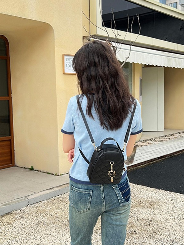 1pc Khaki-Colored Fashionable Diamond Shape Embroidered Cat Head Decor Backpack For Everyday Use, School Supplies, School Backpack, School Bag, Backpack For School, Back To School Backpack, School Bookbag, Big Backpack, Backpack School, Back To School Bags, Large Capacity, Lightweight, Portable, Suitable For Teen Girls Women College Students, Teacher, White-Collar Workers, Perfect For Back To School, Work, Business, Commute, Office